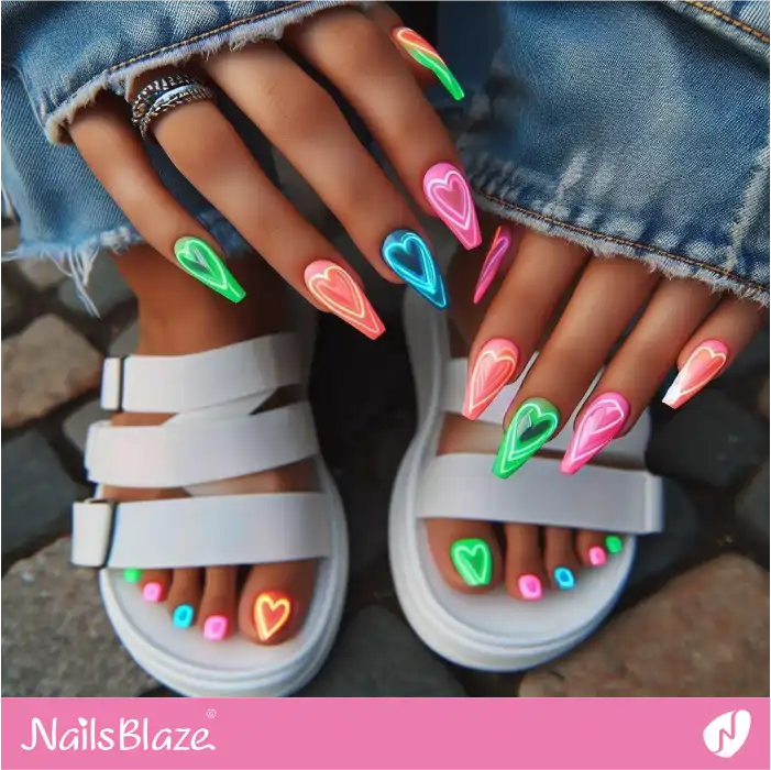 Neon Hearts in Heart Mani and Pedi Design | Heart Nails - NB4830