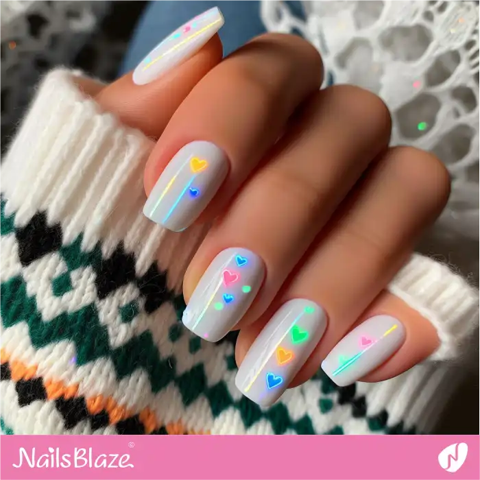 Small Neon Hearts on White Nails | Heart Nails - NB4832