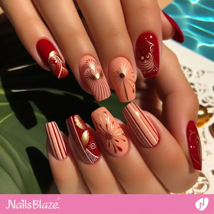 Classy Red and Peach Fuzz Nails | Holiday Nails - NB3789