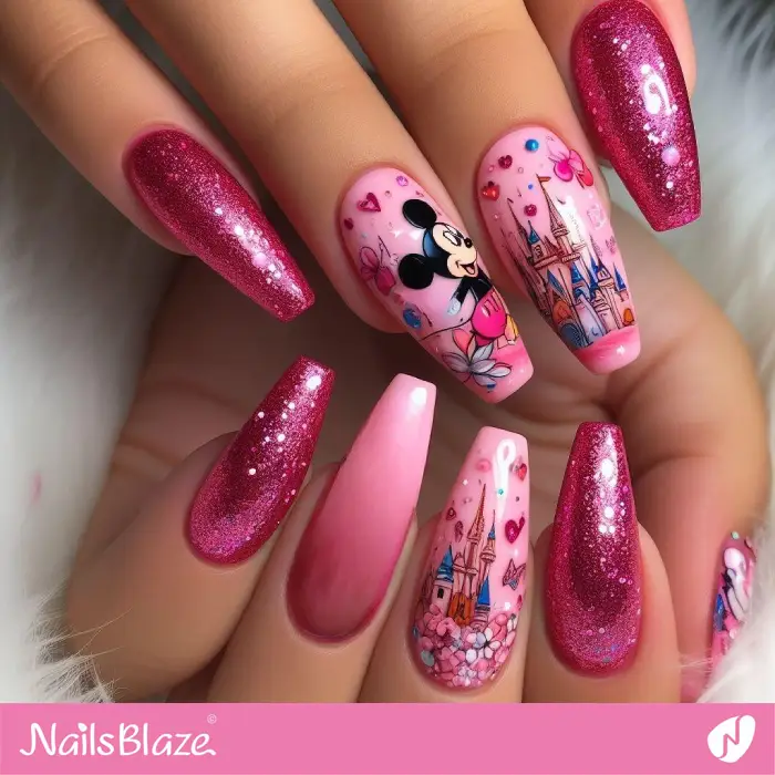 Pink Disney Nails Design with Glitter | Holiday Nails - NB3800