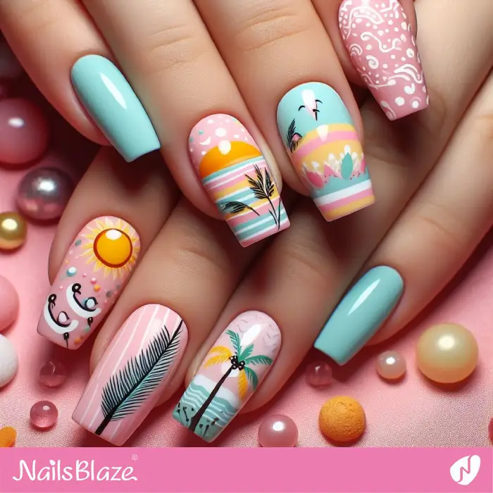 Pink and Blue Beach Theme Nails for Summer | Holiday Nails - NB3809