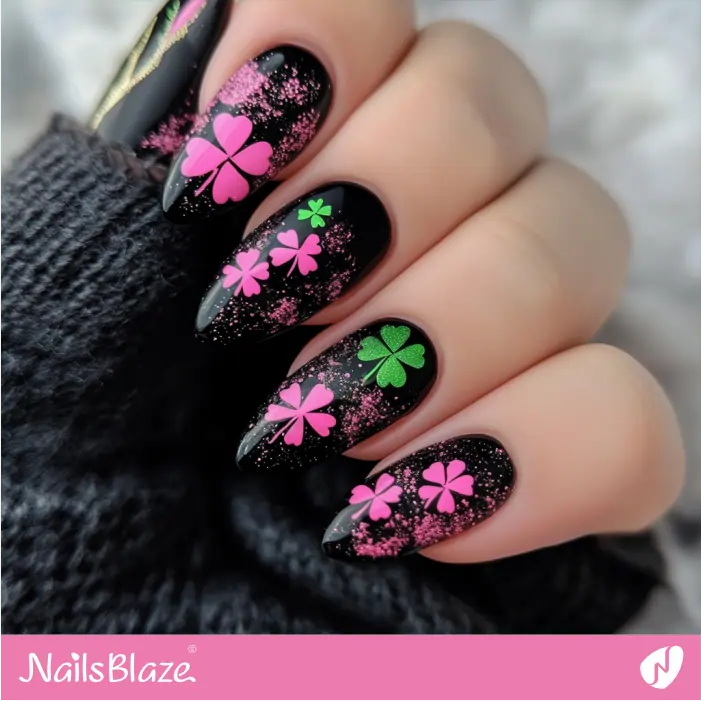 Black Nails with 4-Leaf Clovers in Pink and Green | St. Patrick