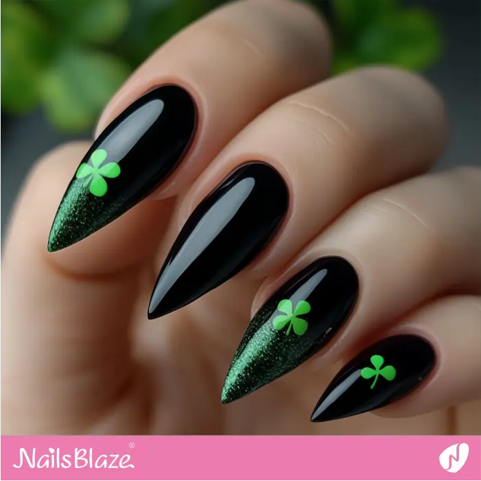 Simple Black Nails Design with 4-Leaf Clover | St. Patrick's Day Nails- NB7864