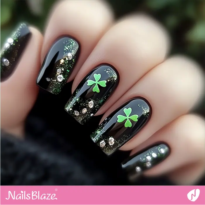 Embellished Black Square Nails Design | St. Patrick