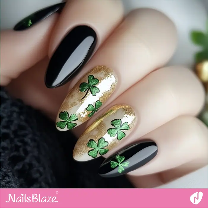 Black Nails with Gold Details and Clover Accents | St. Patrick