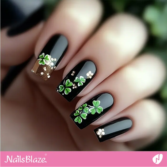 Black Nails with Shamrock Design | St. Patrick's Day Nails- NB7867