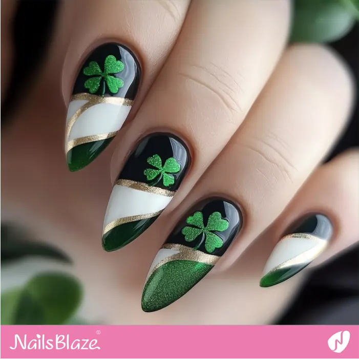 Clover Design for Black and Green Nails | St. Patrick