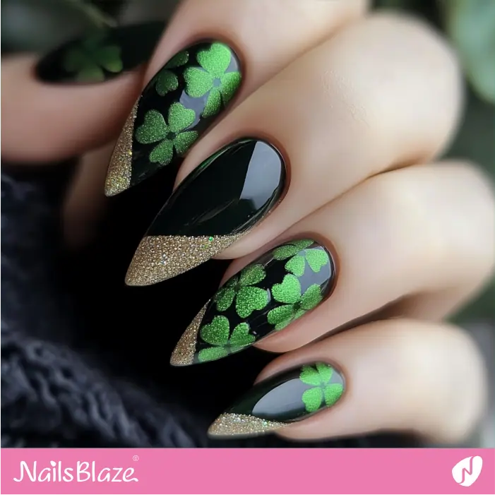 Clover Design for Black and Gold Nails | St. Patrick