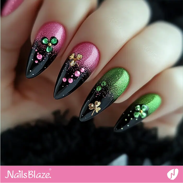 Black Nails with Cute Shamrock Design | St. Patricks Day Nails- NB7870