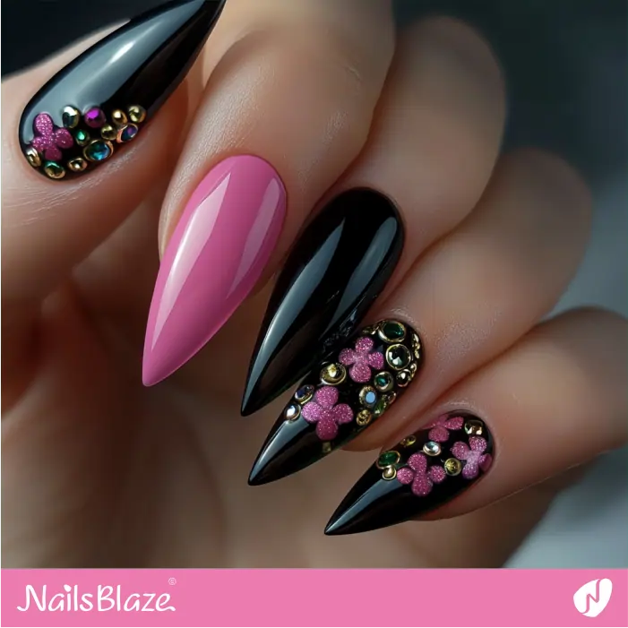 Black St. Patrick's Nails with Pink Design | St. Patrick's Day Nails- NB7871