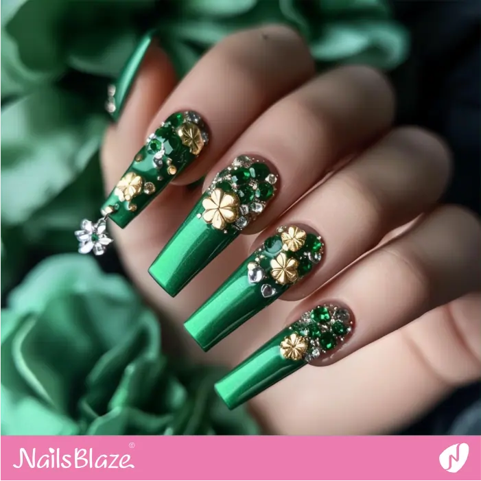 Green Coffin Nails with 3D Nail Charms | St. Patrick's Day Nails- NB7874