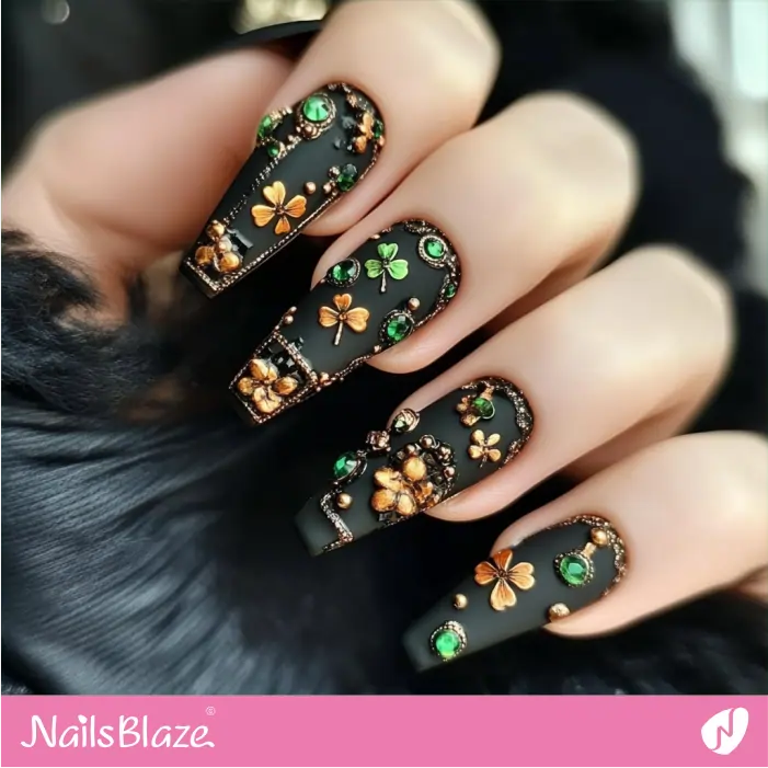 Matte Coffin Nails with Shamrock Design | St. Patrick