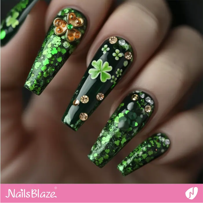 Coffin Nails Green Clover Confetti Design | St. Patrick's Day Nails- NB7878