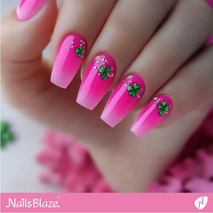 4-Leaf Clover for Neon Pink Ombre Nails | St. Patrick's Day Nails- NB7880