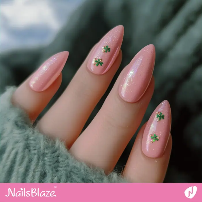 Tiny Clover for Pink Almond Nails | St. Patrick