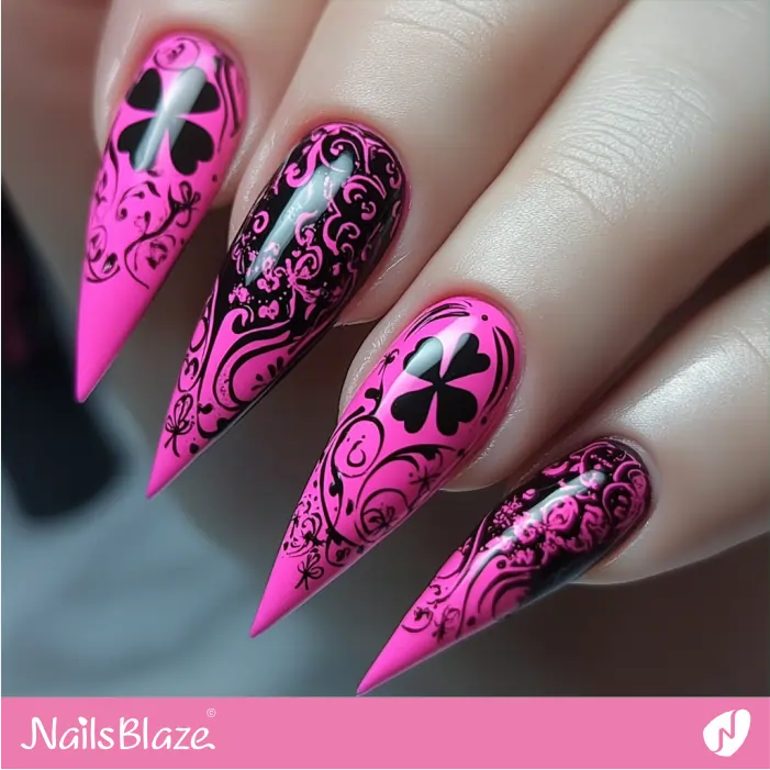 Pink Stiletto Nails with Silhouette Clover | St. Patrick's Day Nails- NB7882