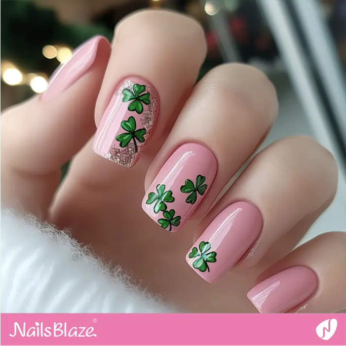 Soft Pink Nails with 4-Leaf Clover | St. Patrick