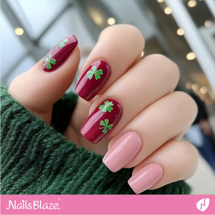 Red and Pink Nails Clover Design  | St. Patrick