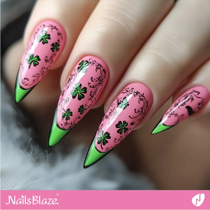 Pink Stiletto Nails with Green Tips | St. Patrick