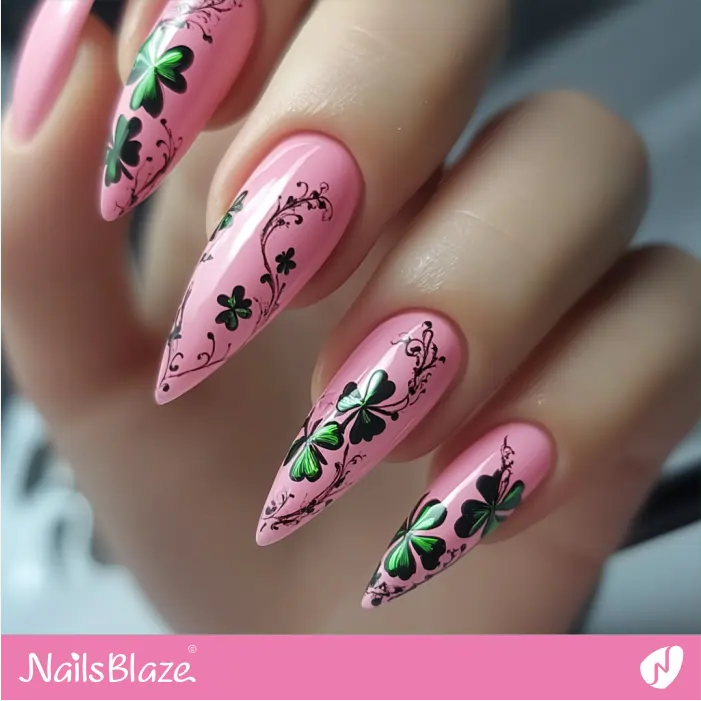 Clover Design for Pink Stiletto Nails | St. Patrick's Day Nails- NB7887