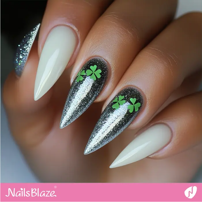 4-Leaf Clover Design for Silver and White Nails | St. Patrick's Day Nails- NB7889