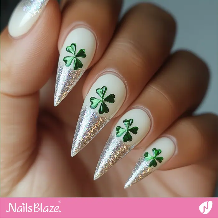 White Stiletto Nails with Silver Glitter Tip | St. Patrick