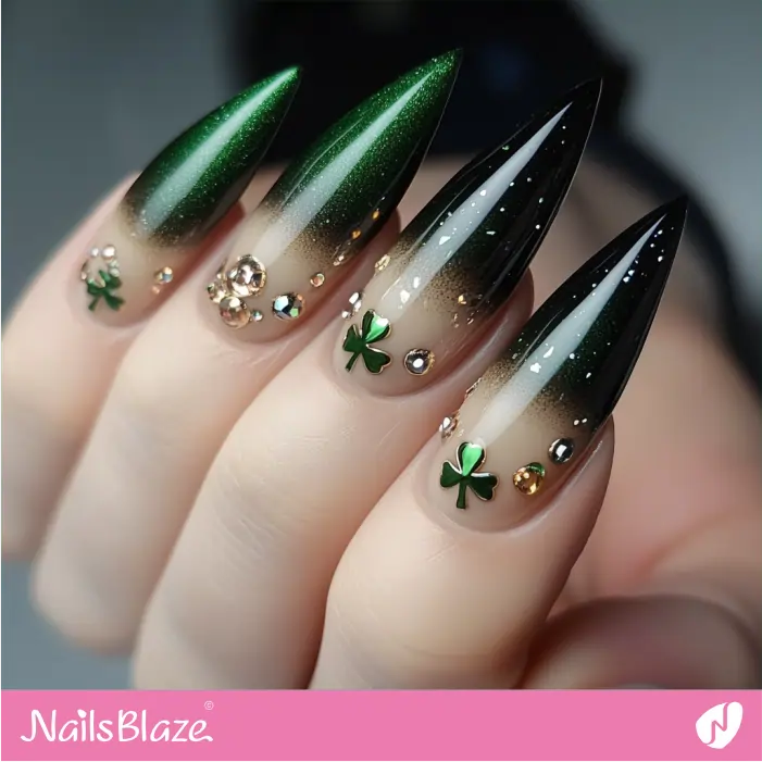 Luxury Ombre Stiletto Nails with Shamrocks | St. Patrick