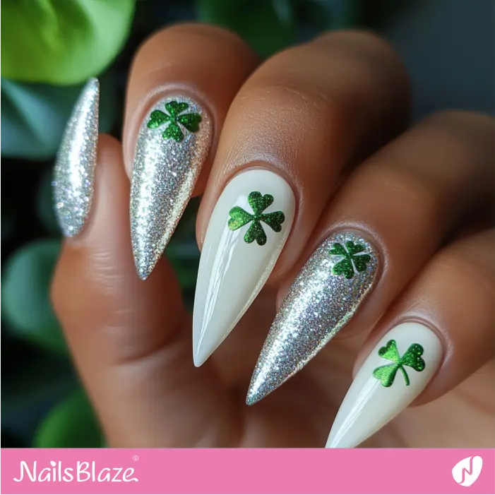 Stiletto Silver and White Nails with Clover Leaf | St. Patrick