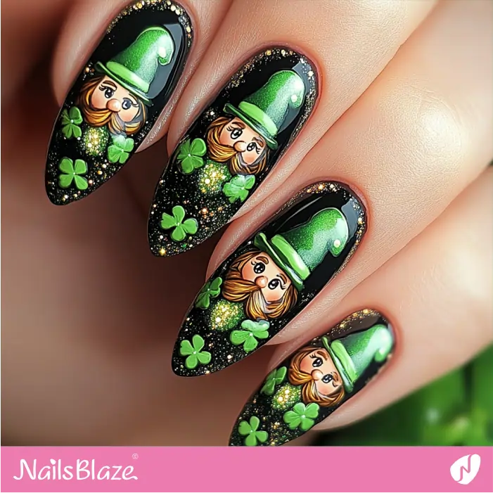 Leprechaun Black Nails 4-Leaf Clovers Design | St. Patrick