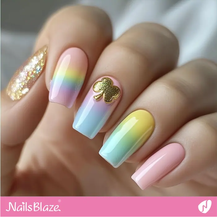 Rainbow Gradient Nails with a 4-Leaf Clover Accent | St. Patrick's Day Nails- NB7750