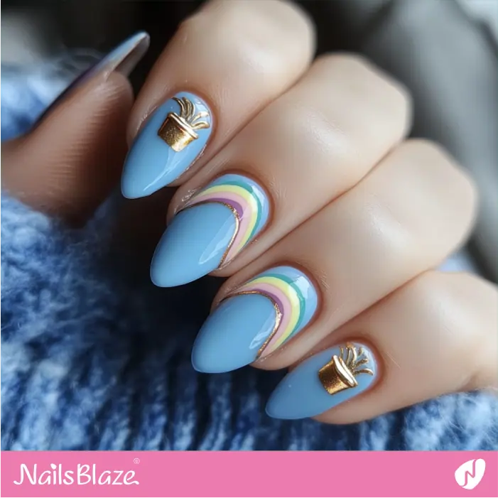 Pale Blue Nails with Rainbow and Gold Pot | St. Patrick's Day Nails- NB7755