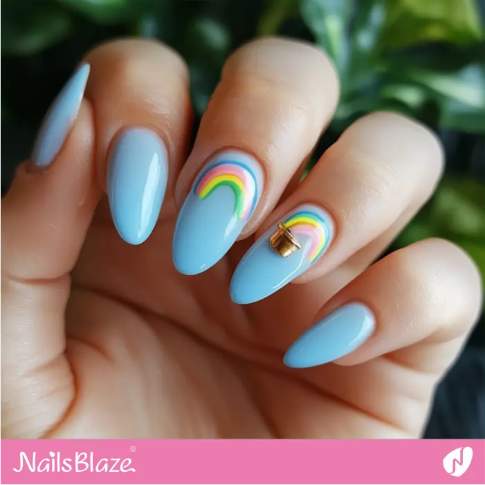 Small Rainbow and Tiny Pot for Blue Nails Design | St. Patrick's Day Nails- NB7756