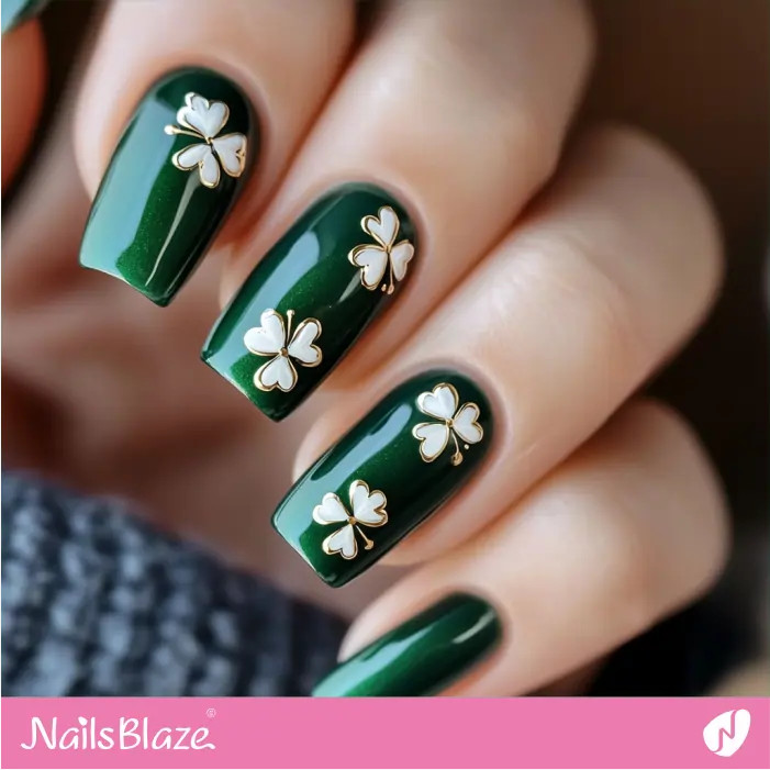 Emerald Green Nails Adorned with Three-leaf Shamrocks | St. Patrick's Day Nails- NB7757