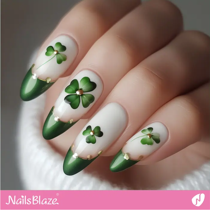 Classic French Manicure with Shamrocks | St. Patrick