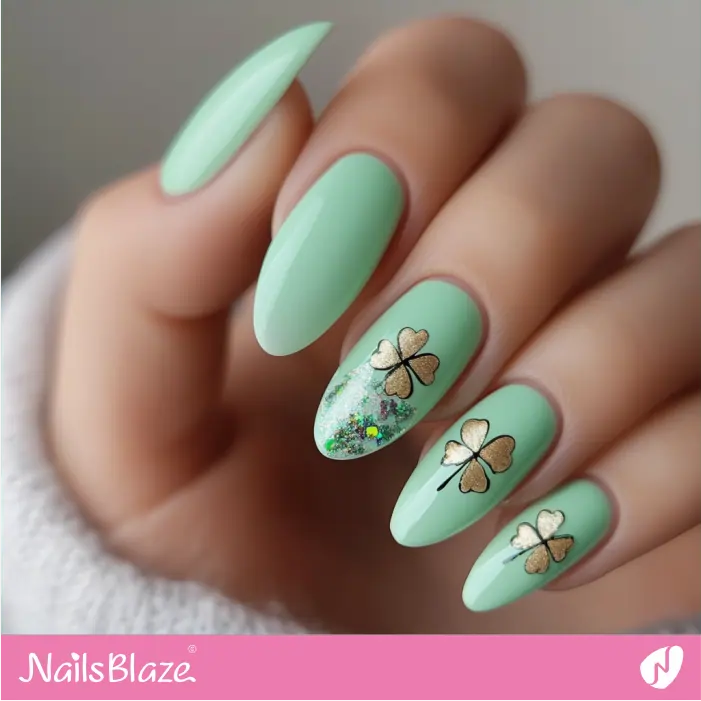 Long Pastel Almond Nails with Shamrocks | St. Patrick