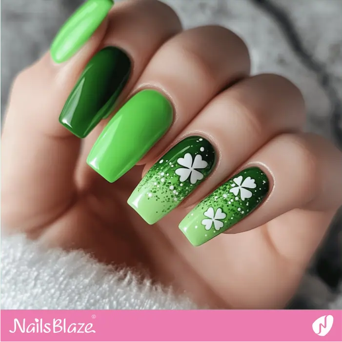 Neon Green Nail Decorated with Tiny White 4-Leaf Clovers | St. Patrick's Day Nails- NB7764