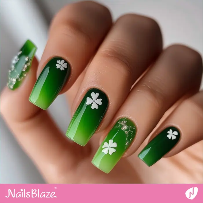 Glossy Ombre Green Nails with Shamrocks | St. Patrick