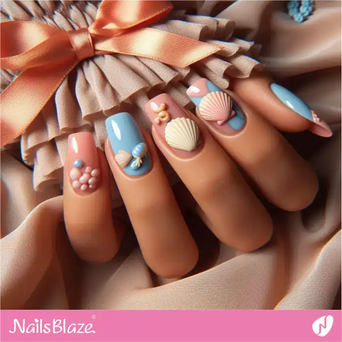 Pink and Blue Nails with 3D Seashells Design | Beach Nails - NB4401