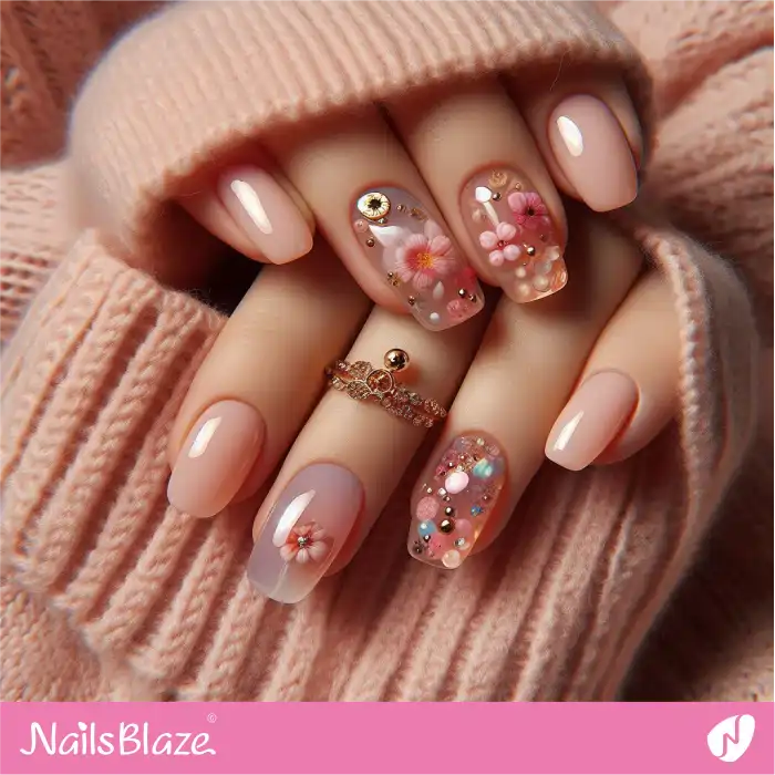 Nude Jelly Nails with Flowers and Studs | Jelly Nails - NB3983