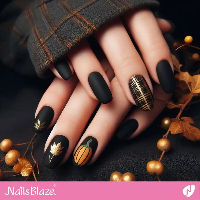 Black Nails Gold Leaf Design | Nature-inspired Nails - NB2953