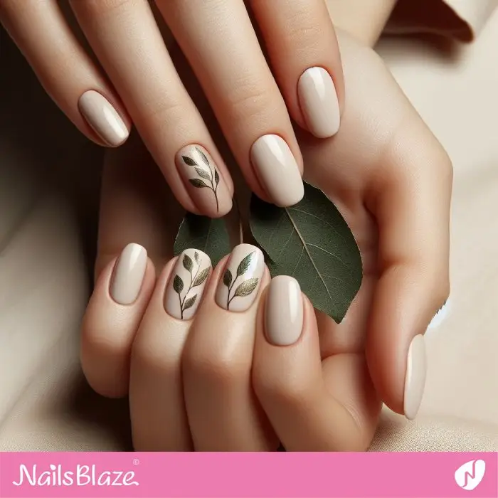 Ivory Color Nails with Leaves Design | Nature-inspired Nails - NB2955
