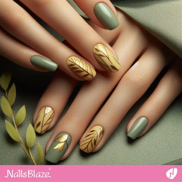 Yellow and Green Nails Leaf Design | Nature-inspired Nails - NB2957