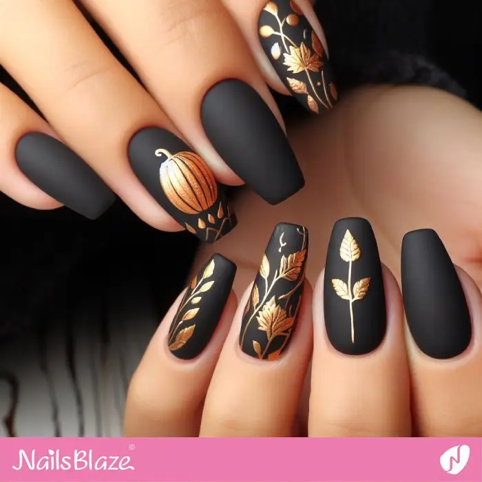 Black Nails Gold Foliage Design | Nature-inspired Nails - NB2958