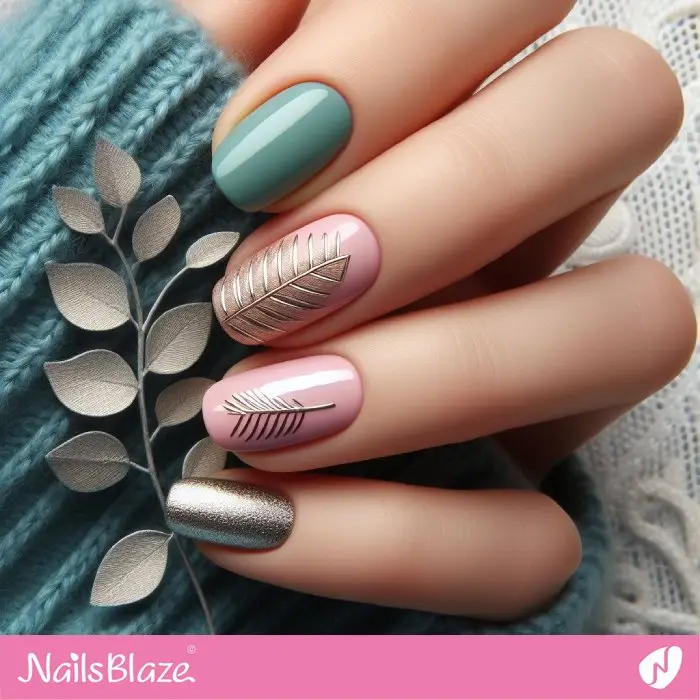 Bright Color Nails with Silver Leaves Design | Nature-inspired Nails - NB2959