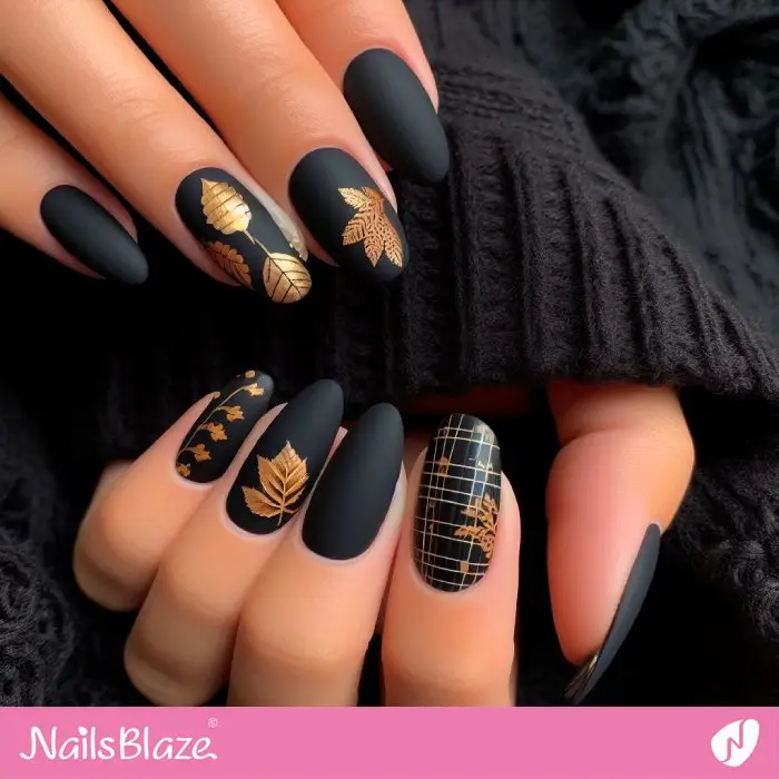 Gold Leaves Design on Black Nails | Nature-inspired Nails - NB2960