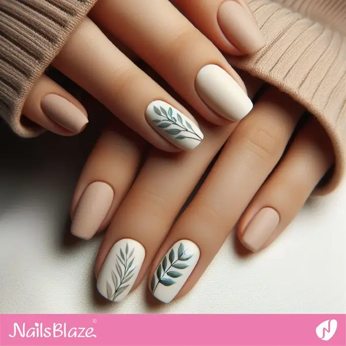 Matte Ivory and Nude Nails with Leaves | Nature-inspired Nails - NB2960