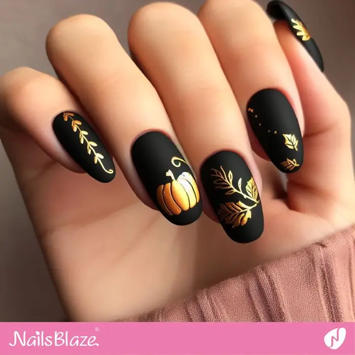 Matte Nails with Gold Fall Leaves Design | Nature-inspired Nails - NB2962