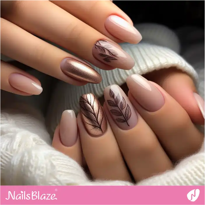Gold and Brown Leaf Nails | Nature-inspired Nails - NB1413