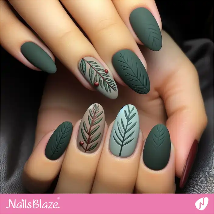 Matte Green Leaves Nail Art | Nature-inspired Nails - NB1418