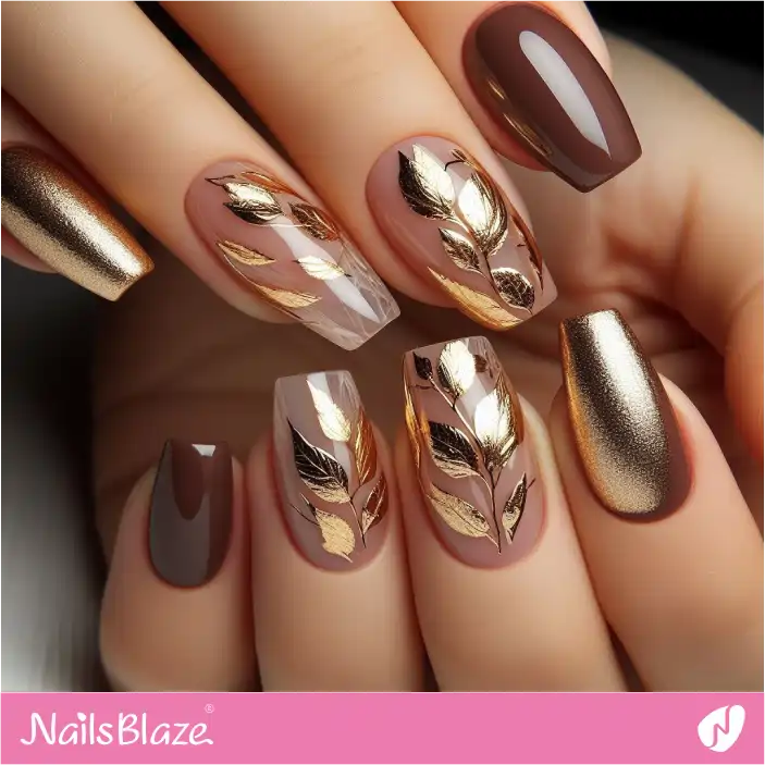 Nude and Gold Leaf Nails | Nature-inspired Nails - NB1419